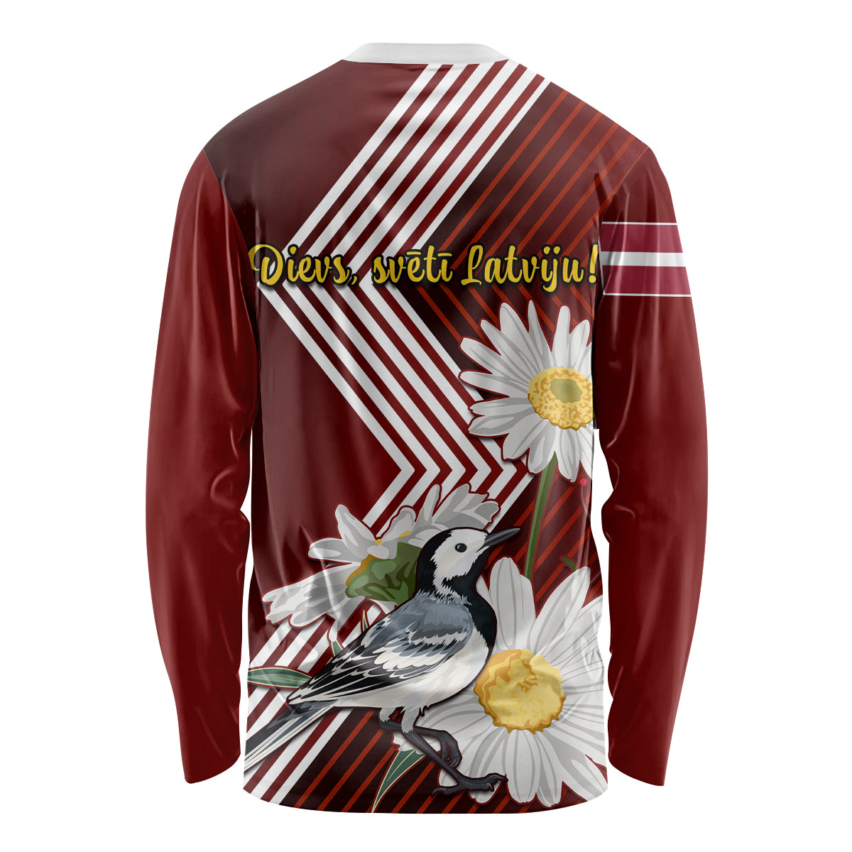Latvia Independence Day Long Sleeve Shirt Latvijas White Wagtail With Daisy Flowers - Wonder Print Shop