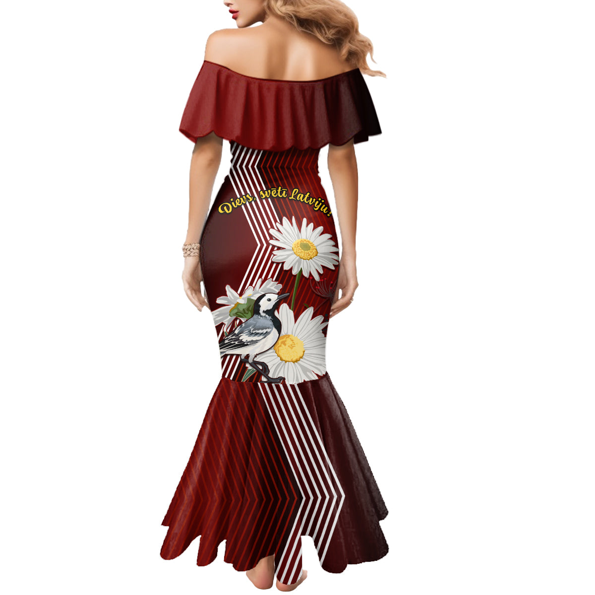 Latvia Independence Day Mermaid Dress Latvijas White Wagtail With Daisy Flowers - Wonder Print Shop