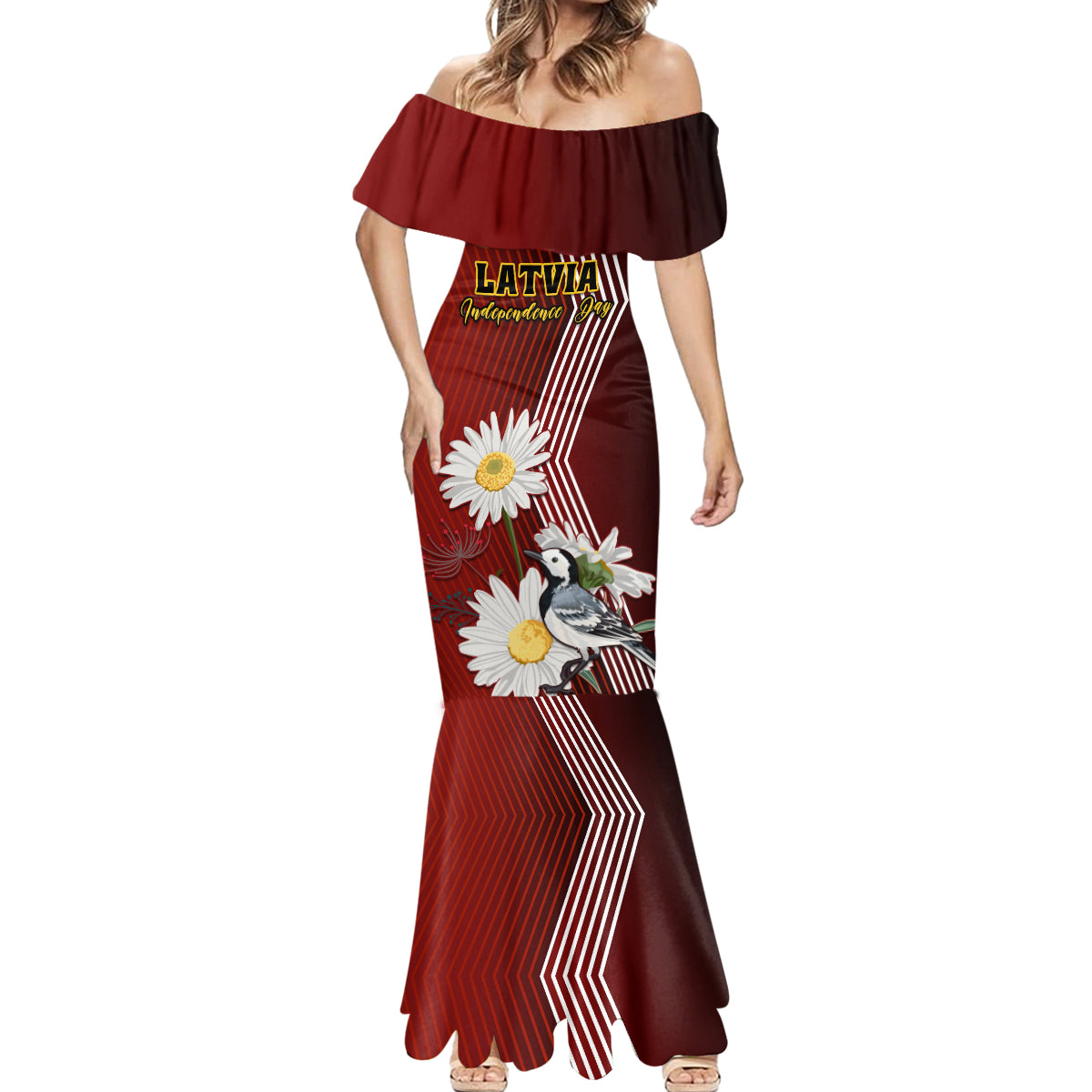 Latvia Independence Day Mermaid Dress Latvijas White Wagtail With Daisy Flowers - Wonder Print Shop