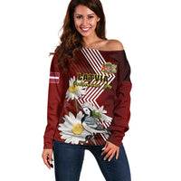 Latvia Independence Day Off Shoulder Sweater Latvijas White Wagtail With Daisy Flowers - Wonder Print Shop