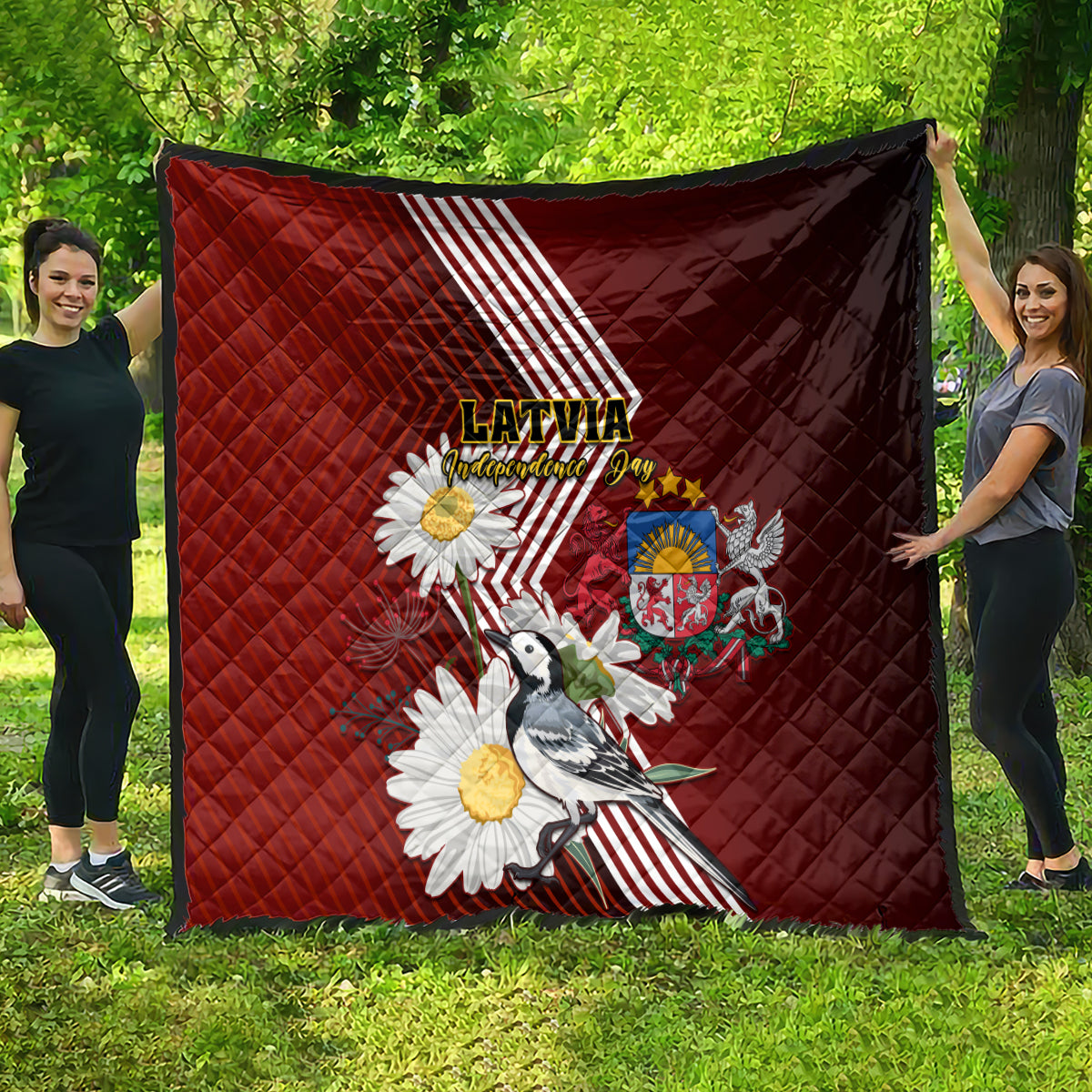 Latvia Independence Day Quilt Latvijas White Wagtail With Daisy Flowers - Wonder Print Shop