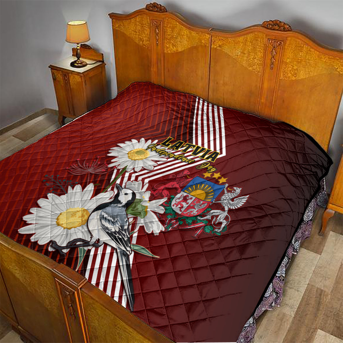 Latvia Independence Day Quilt Latvijas White Wagtail With Daisy Flowers - Wonder Print Shop
