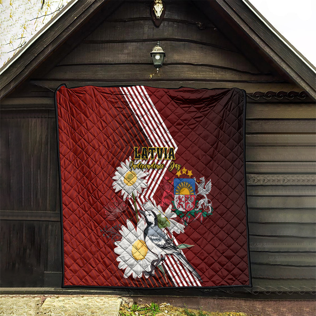 Latvia Independence Day Quilt Latvijas White Wagtail With Daisy Flowers - Wonder Print Shop