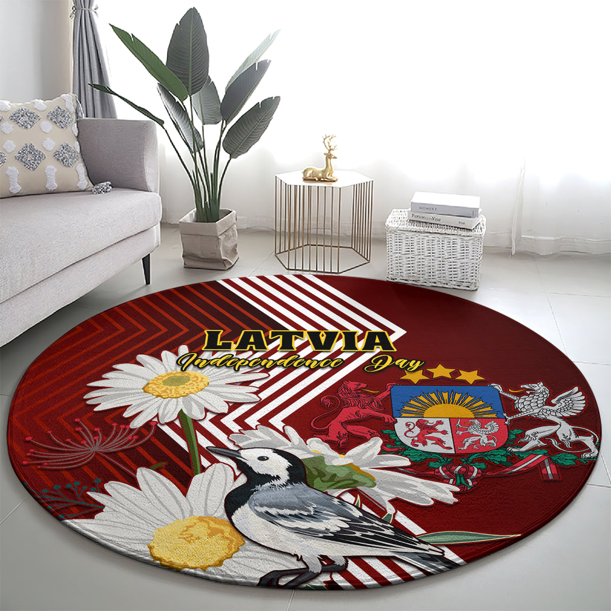 latvia-independence-day-round-carpet-latvijas-white-wagtail-with-daisy-flowers