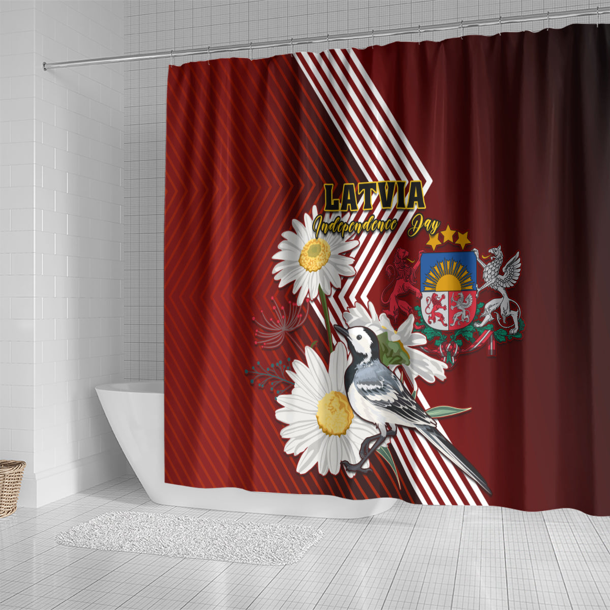 latvia-independence-day-shower-curtain-latvijas-white-wagtail-with-daisy-flowers