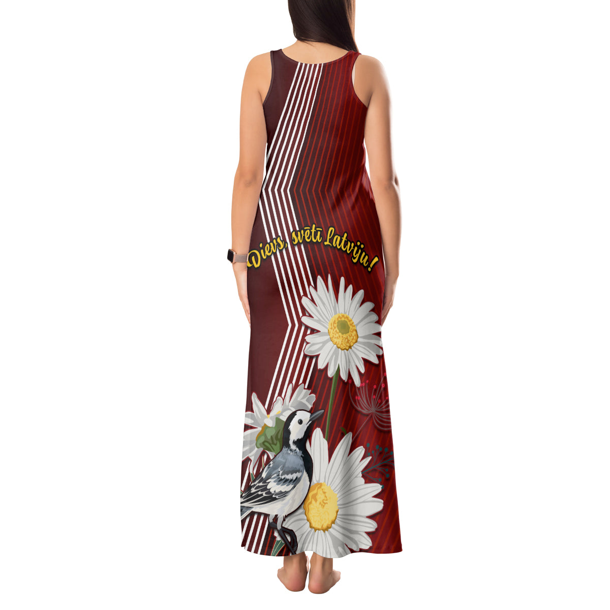Latvia Independence Day Tank Maxi Dress Latvijas White Wagtail With Daisy Flowers - Wonder Print Shop
