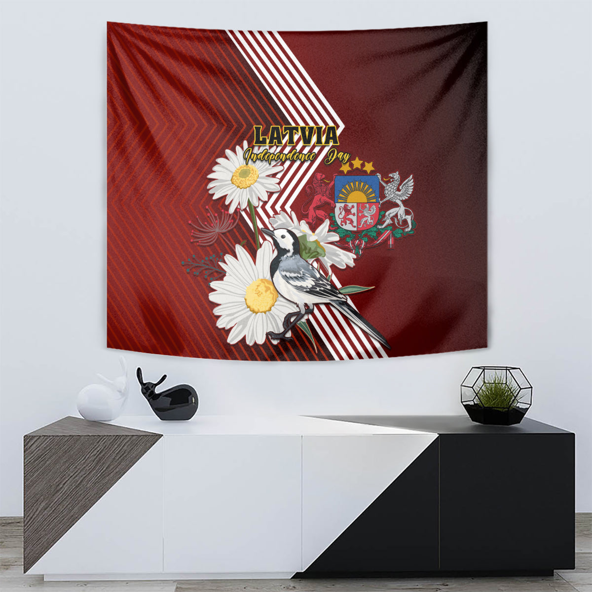 Latvia Independence Day Tapestry Latvijas White Wagtail With Daisy Flowers - Wonder Print Shop