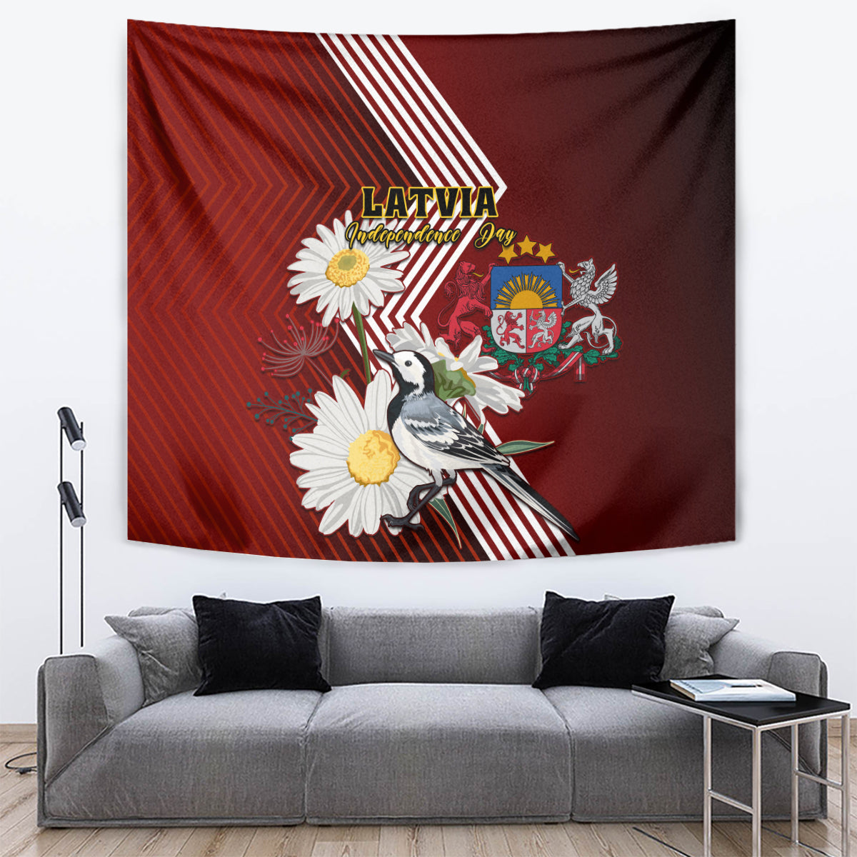 Latvia Independence Day Tapestry Latvijas White Wagtail With Daisy Flowers - Wonder Print Shop