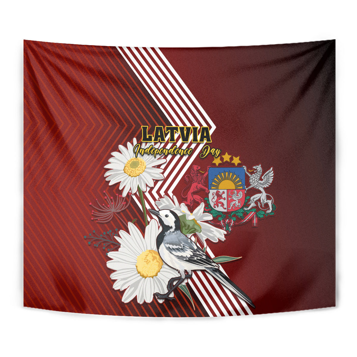 Latvia Independence Day Tapestry Latvijas White Wagtail With Daisy Flowers - Wonder Print Shop