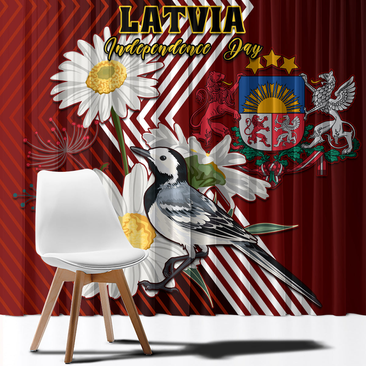 Latvia Independence Day Window Curtain Latvijas White Wagtail With Daisy Flowers - Wonder Print Shop