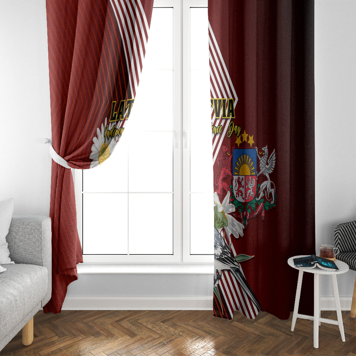 Latvia Independence Day Window Curtain Latvijas White Wagtail With Daisy Flowers - Wonder Print Shop