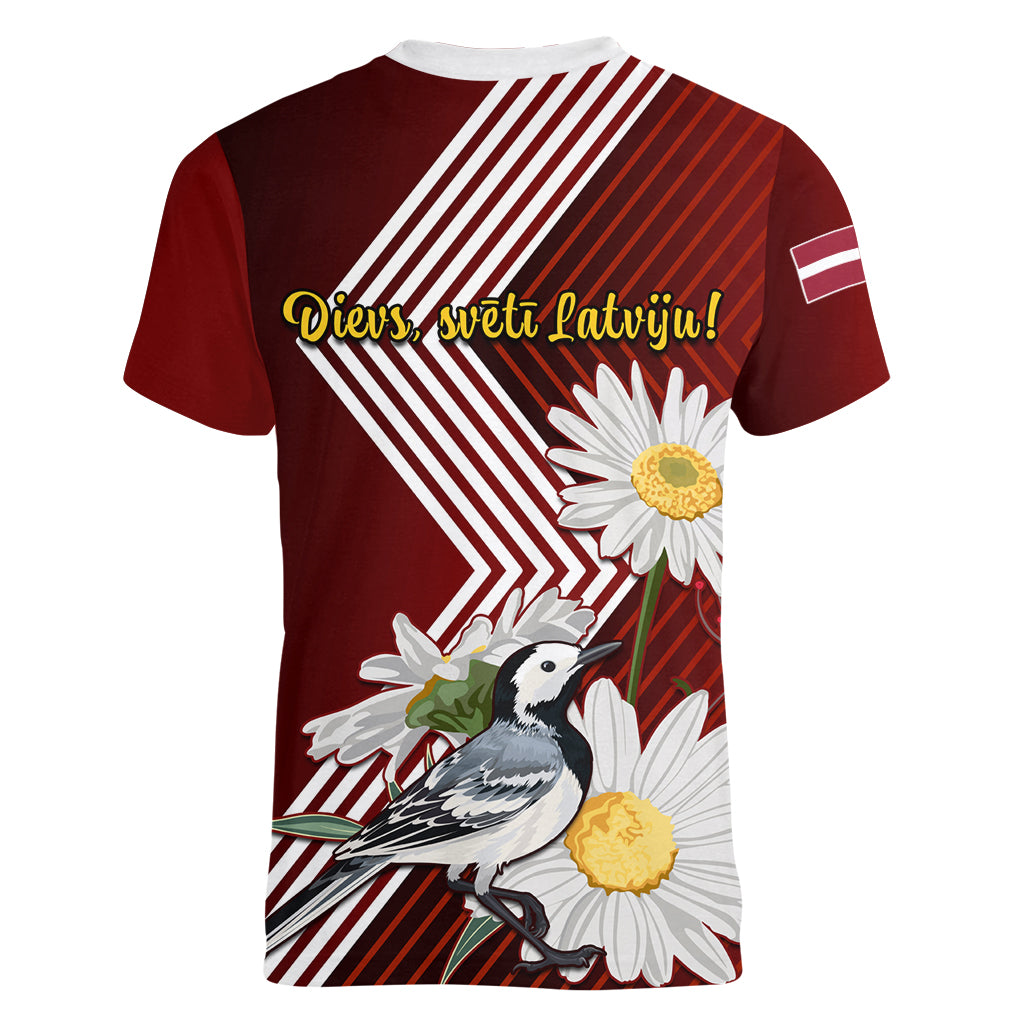 Latvia Independence Day Women V Neck T Shirt Latvijas White Wagtail With Daisy Flowers - Wonder Print Shop