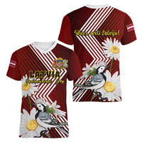 Latvia Independence Day Women V Neck T Shirt Latvijas White Wagtail With Daisy Flowers - Wonder Print Shop