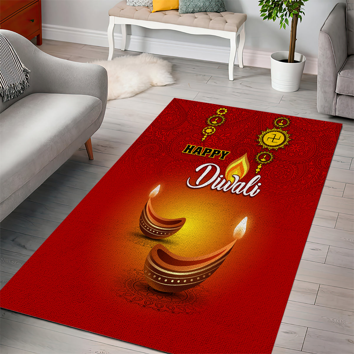 Diwali Festival Area Rug Diya With Paisley Pattern - Wonder Print Shop