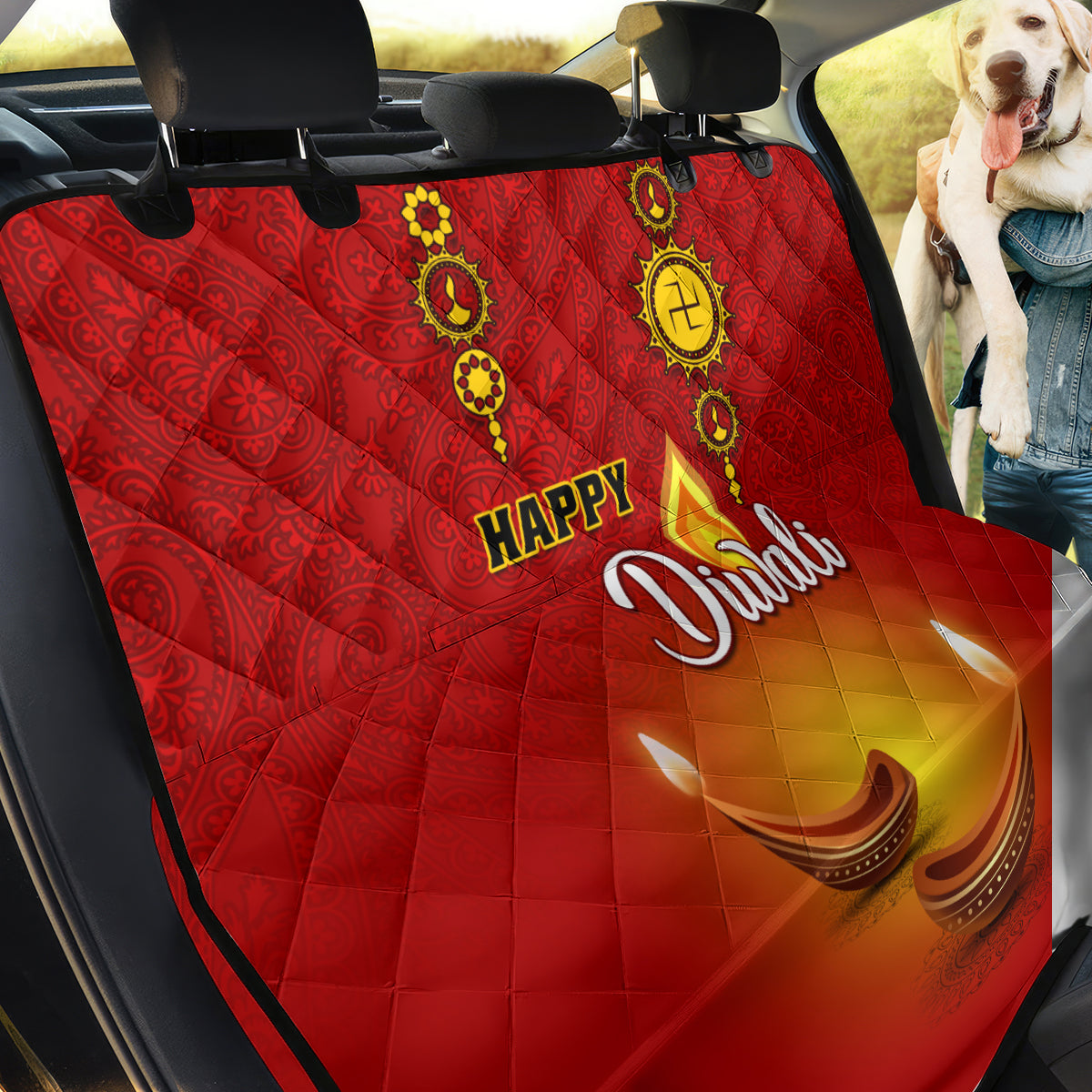 Diwali Festival Back Car Seat Cover Diya With Paisley Pattern - Wonder Print Shop