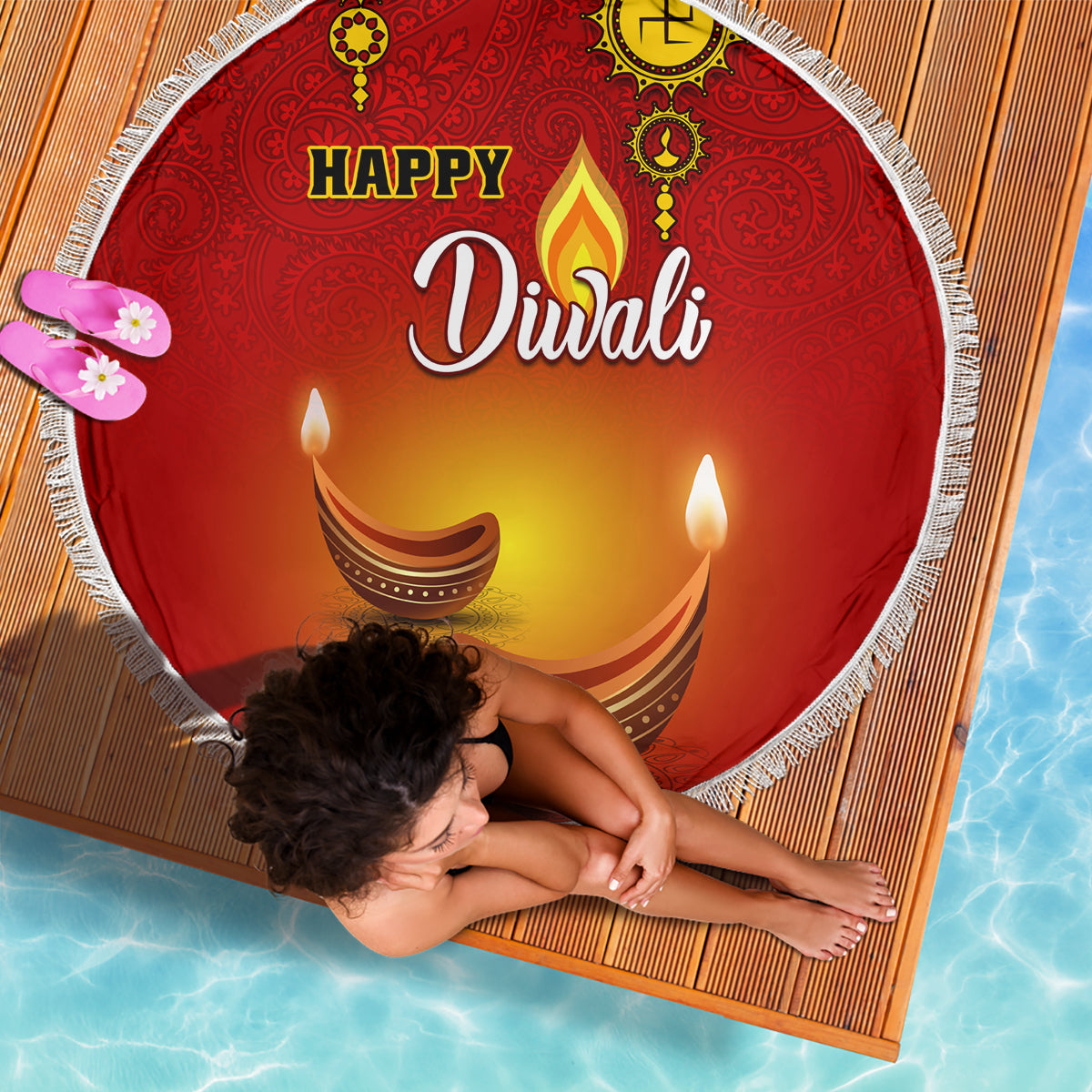 Diwali Festival Beach Blanket Diya With Paisley Pattern - Wonder Print Shop