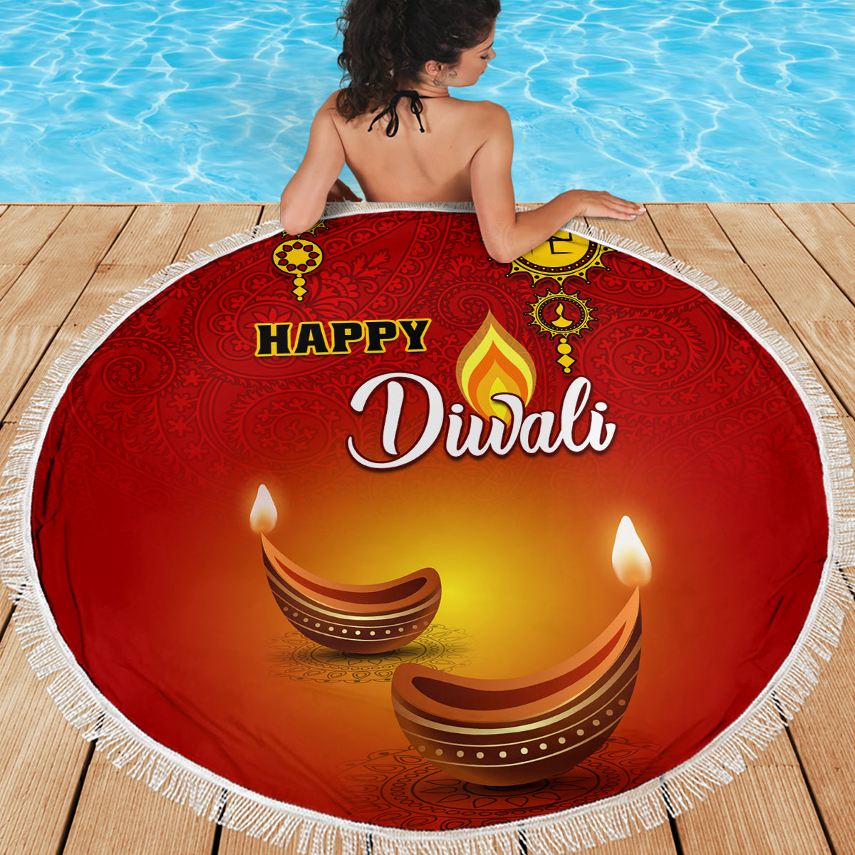 Diwali Festival Beach Blanket Diya With Paisley Pattern - Wonder Print Shop