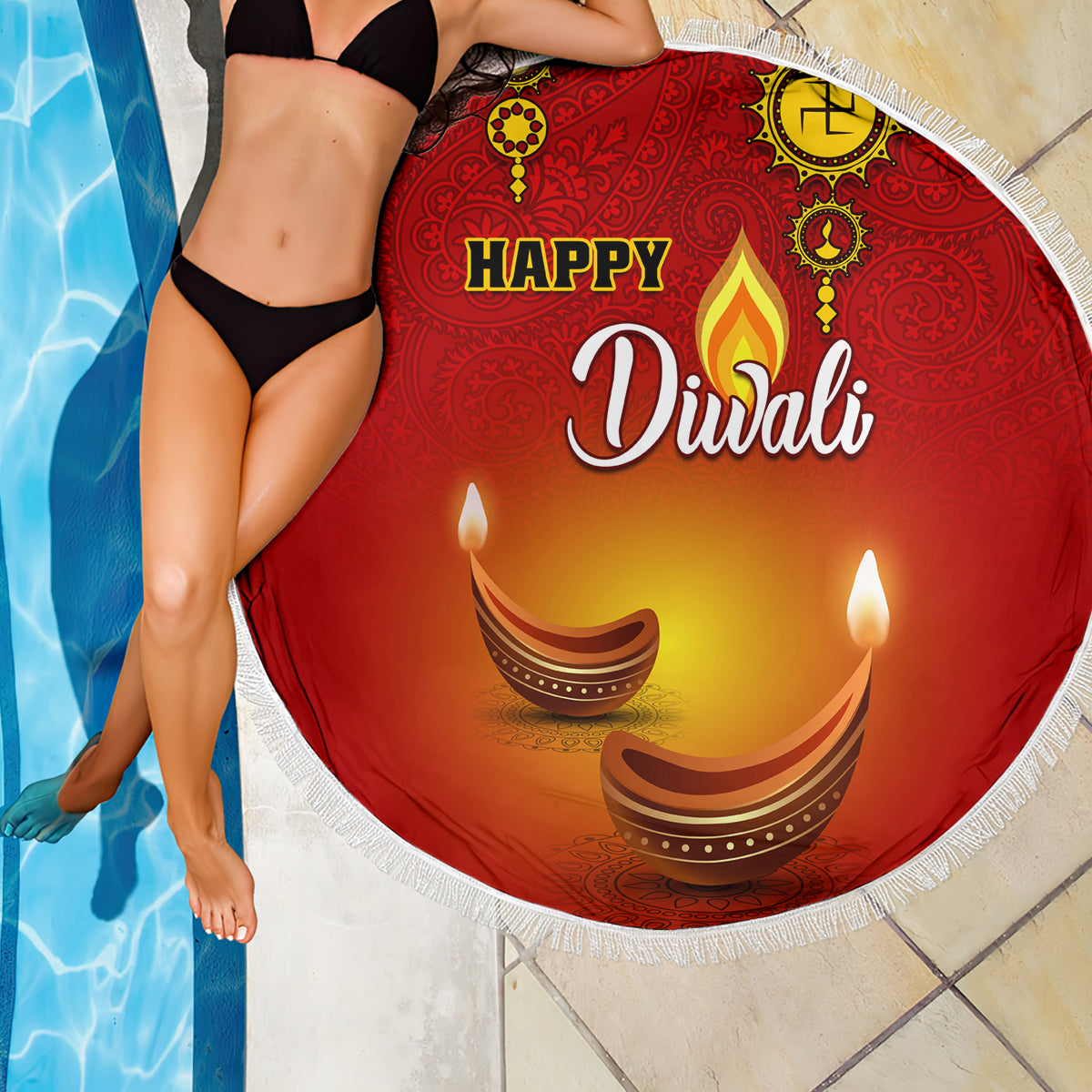 Diwali Festival Beach Blanket Diya With Paisley Pattern - Wonder Print Shop