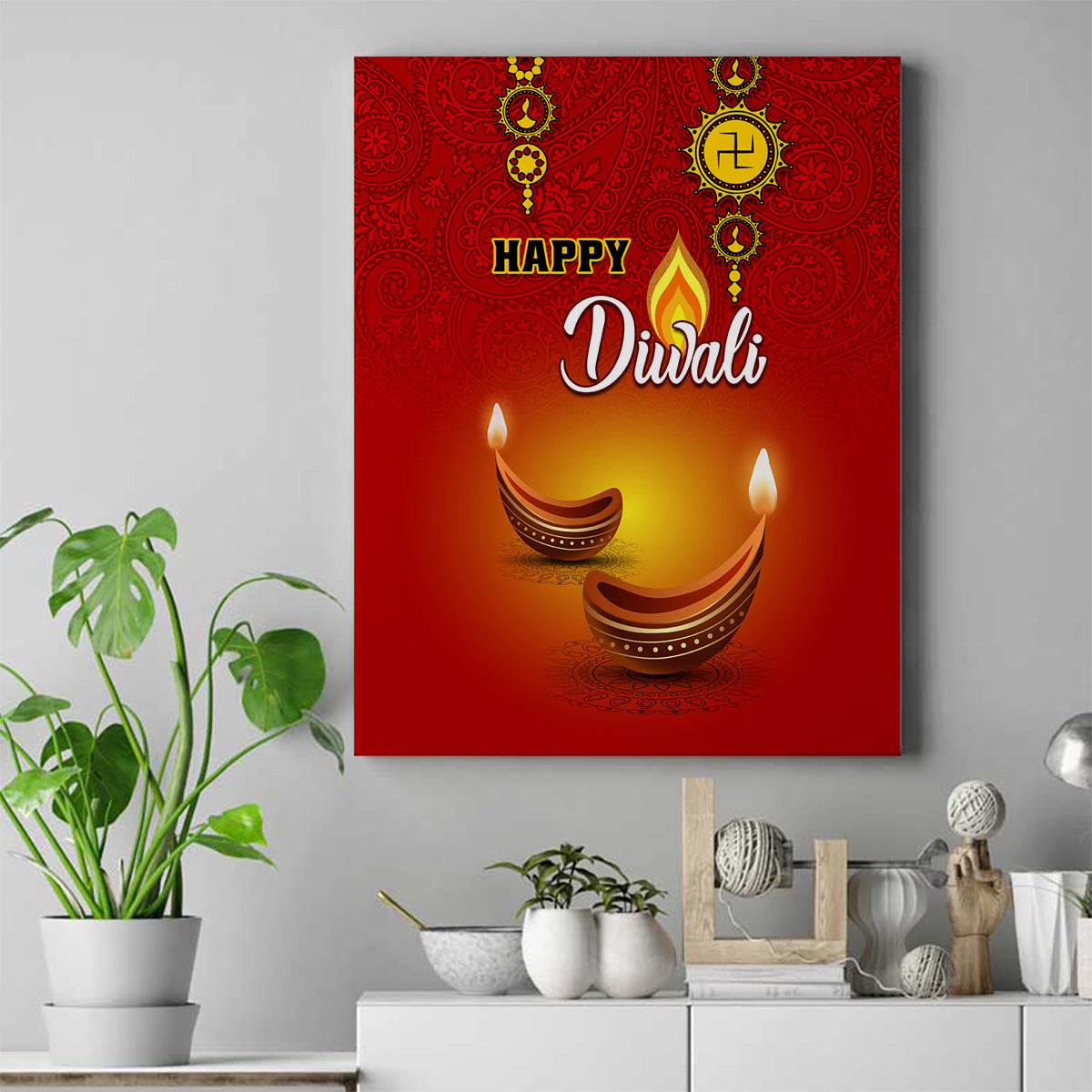 Diwali Festival Canvas Wall Art Diya With Paisley Pattern - Wonder Print Shop
