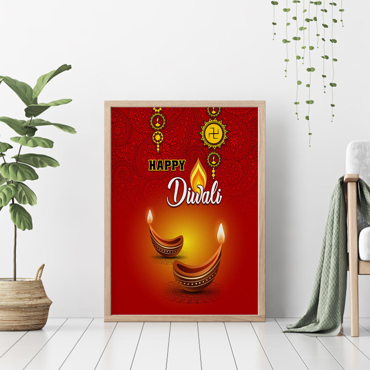 Diwali Festival Canvas Wall Art Diya With Paisley Pattern - Wonder Print Shop
