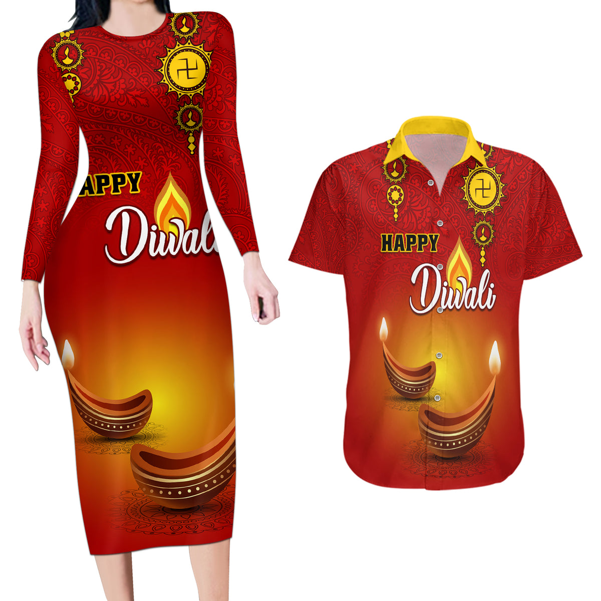 Personalised Diwali Festival Couples Matching Long Sleeve Bodycon Dress and Hawaiian Shirt Diya With Paisley Pattern - Wonder Print Shop