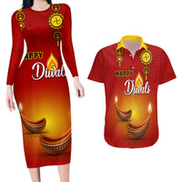 Personalised Diwali Festival Couples Matching Long Sleeve Bodycon Dress and Hawaiian Shirt Diya With Paisley Pattern - Wonder Print Shop