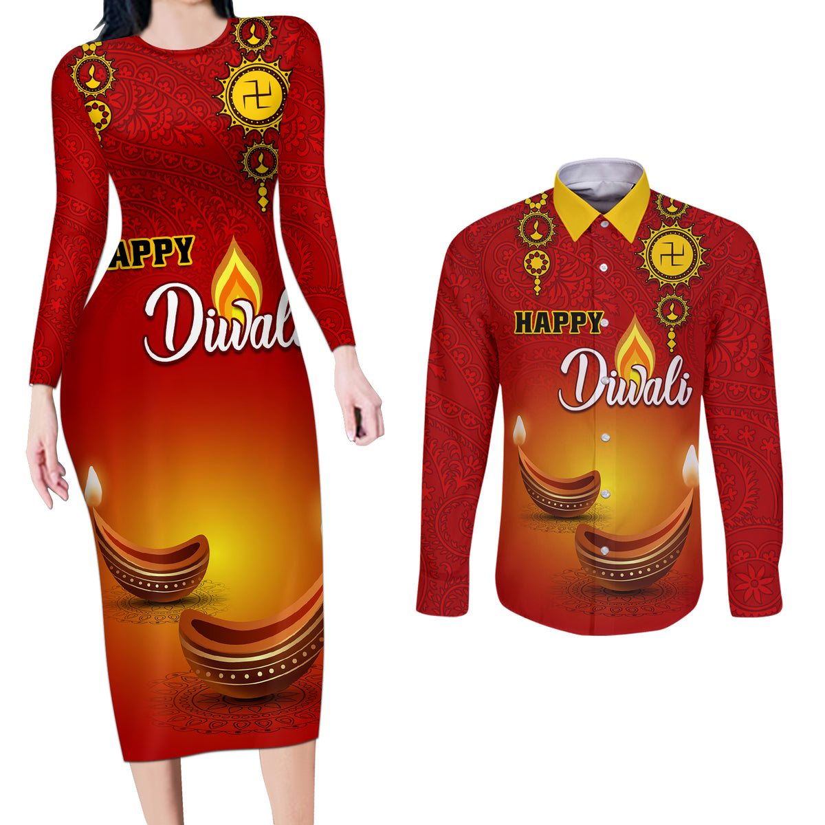 Personalised Diwali Festival Couples Matching Long Sleeve Bodycon Dress and Long Sleeve Button Shirt Diya With Paisley Pattern - Wonder Print Shop