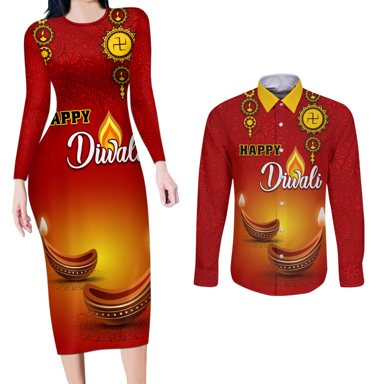 Personalised Diwali Festival Couples Matching Long Sleeve Bodycon Dress and Long Sleeve Button Shirt Diya With Paisley Pattern - Wonder Print Shop
