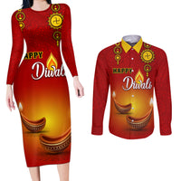 Personalised Diwali Festival Couples Matching Long Sleeve Bodycon Dress and Long Sleeve Button Shirt Diya With Paisley Pattern - Wonder Print Shop