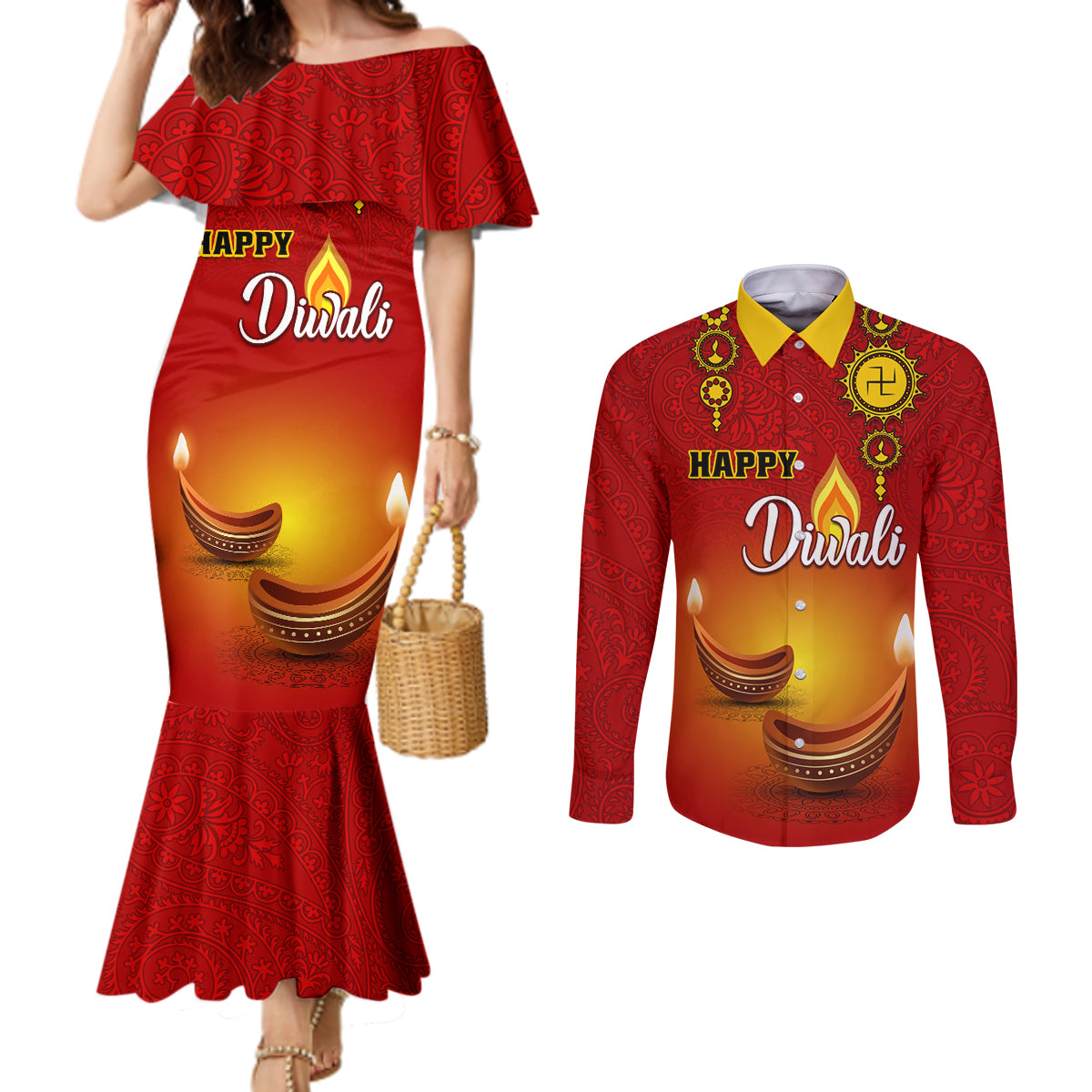 personalised-diwali-festival-couples-matching-mermaid-dress-and-long-sleeve-button-shirt-diya-with-paisley-pattern