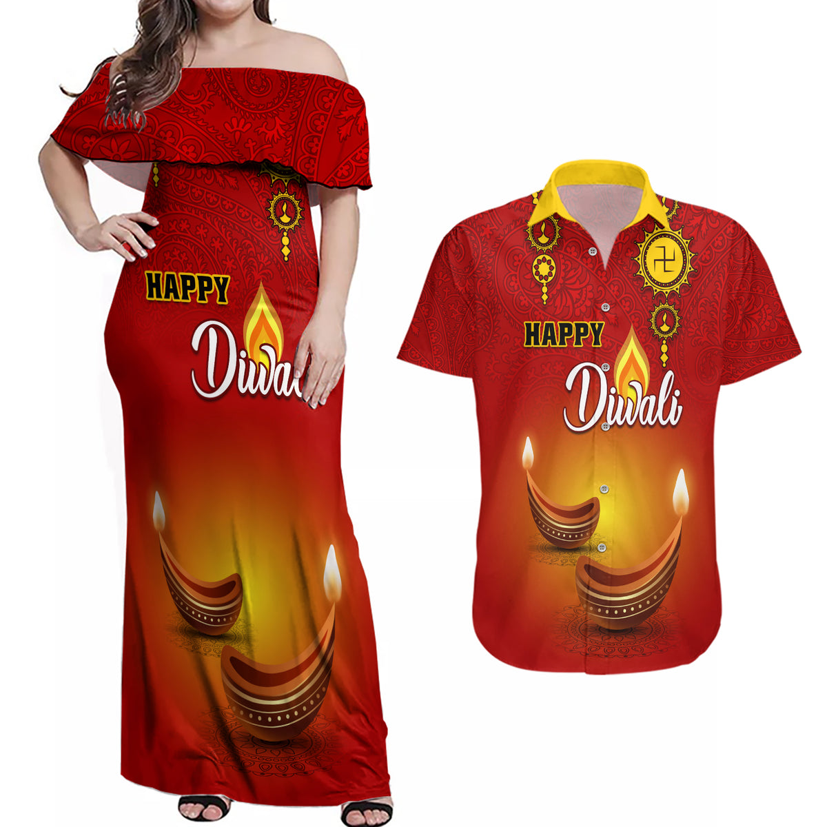 Personalised Diwali Festival Couples Matching Off Shoulder Maxi Dress and Hawaiian Shirt Diya With Paisley Pattern - Wonder Print Shop