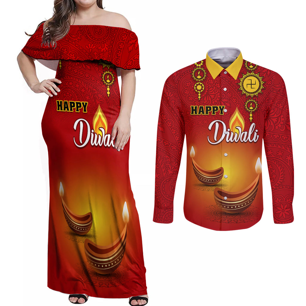 Personalised Diwali Festival Couples Matching Off Shoulder Maxi Dress and Long Sleeve Button Shirt Diya With Paisley Pattern - Wonder Print Shop