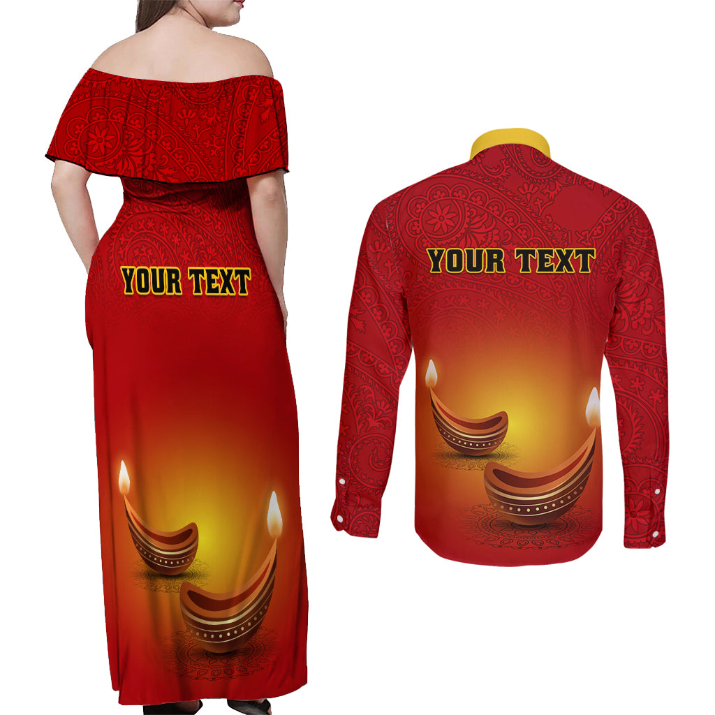 Personalised Diwali Festival Couples Matching Off Shoulder Maxi Dress and Long Sleeve Button Shirt Diya With Paisley Pattern - Wonder Print Shop
