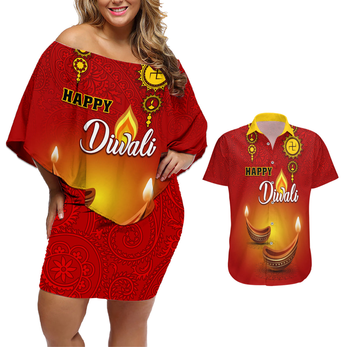 Personalised Diwali Festival Couples Matching Off Shoulder Short Dress and Hawaiian Shirt Diya With Paisley Pattern - Wonder Print Shop