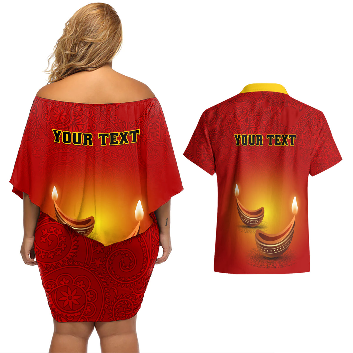 Personalised Diwali Festival Couples Matching Off Shoulder Short Dress and Hawaiian Shirt Diya With Paisley Pattern - Wonder Print Shop