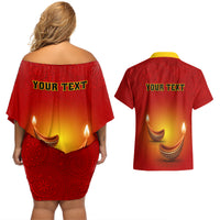 Personalised Diwali Festival Couples Matching Off Shoulder Short Dress and Hawaiian Shirt Diya With Paisley Pattern - Wonder Print Shop