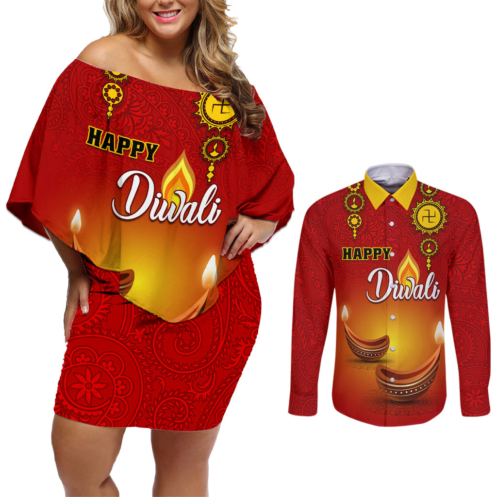 Personalised Diwali Festival Couples Matching Off Shoulder Short Dress and Long Sleeve Button Shirt Diya With Paisley Pattern - Wonder Print Shop