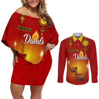 Personalised Diwali Festival Couples Matching Off Shoulder Short Dress and Long Sleeve Button Shirt Diya With Paisley Pattern - Wonder Print Shop