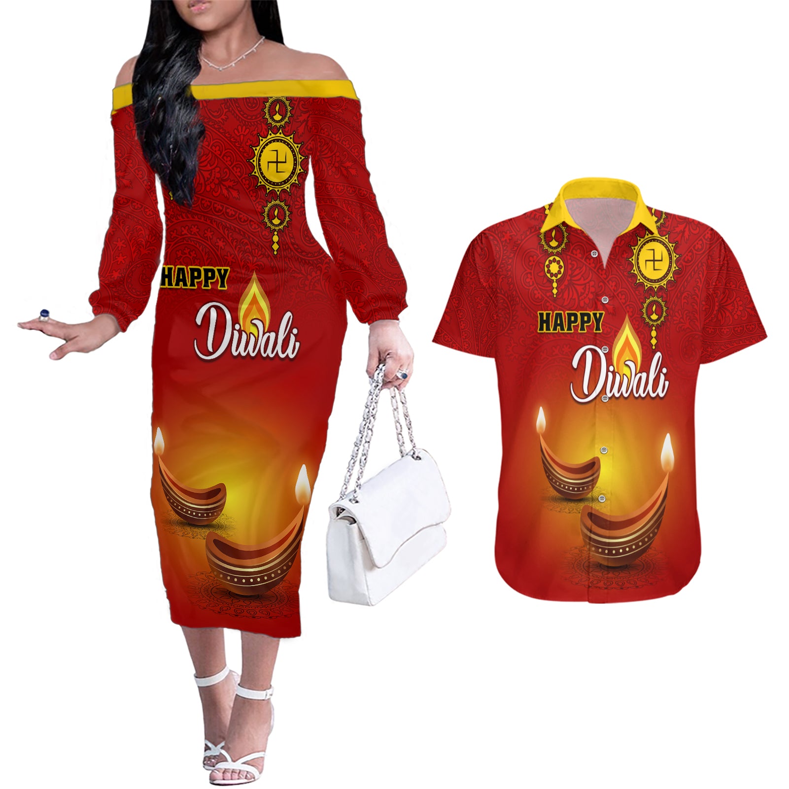 Personalised Diwali Festival Couples Matching Off The Shoulder Long Sleeve Dress and Hawaiian Shirt Diya With Paisley Pattern - Wonder Print Shop