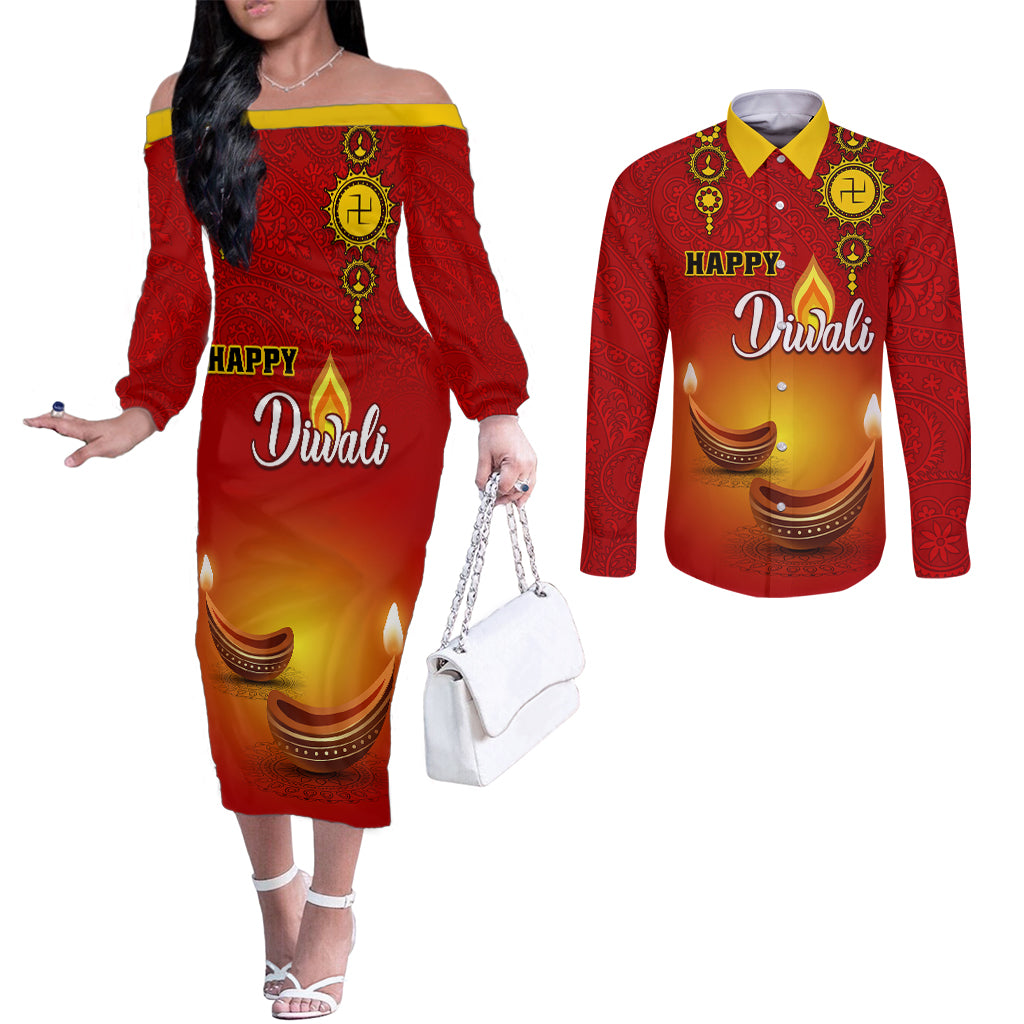 personalised-diwali-festival-couples-matching-off-the-shoulder-long-sleeve-dress-and-long-sleeve-button-shirt-diya-with-paisley-pattern