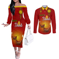 personalised-diwali-festival-couples-matching-off-the-shoulder-long-sleeve-dress-and-long-sleeve-button-shirt-diya-with-paisley-pattern