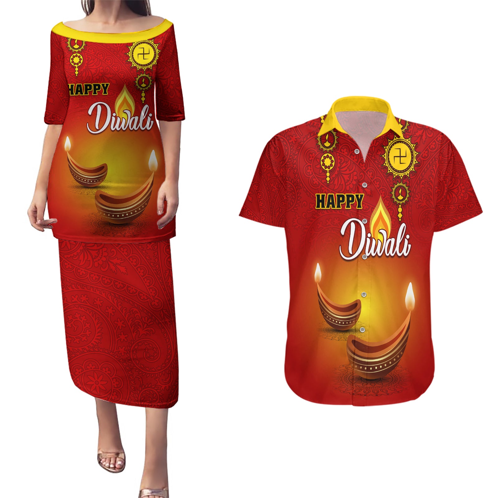 Personalised Diwali Festival Couples Matching Puletasi Dress and Hawaiian Shirt Diya With Paisley Pattern - Wonder Print Shop