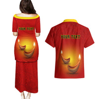 Personalised Diwali Festival Couples Matching Puletasi Dress and Hawaiian Shirt Diya With Paisley Pattern - Wonder Print Shop