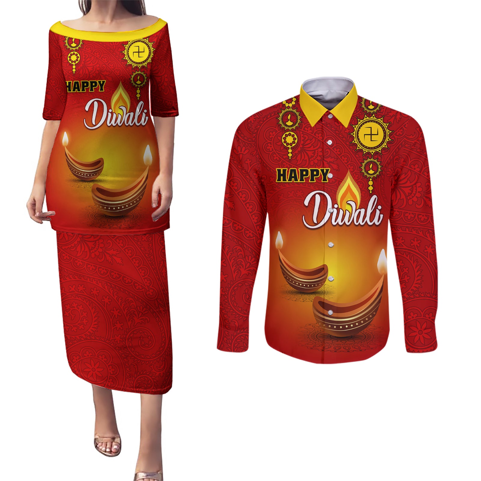 Personalised Diwali Festival Couples Matching Puletasi Dress and Long Sleeve Button Shirt Diya With Paisley Pattern - Wonder Print Shop