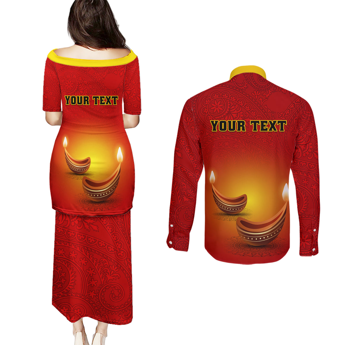 Personalised Diwali Festival Couples Matching Puletasi Dress and Long Sleeve Button Shirt Diya With Paisley Pattern - Wonder Print Shop