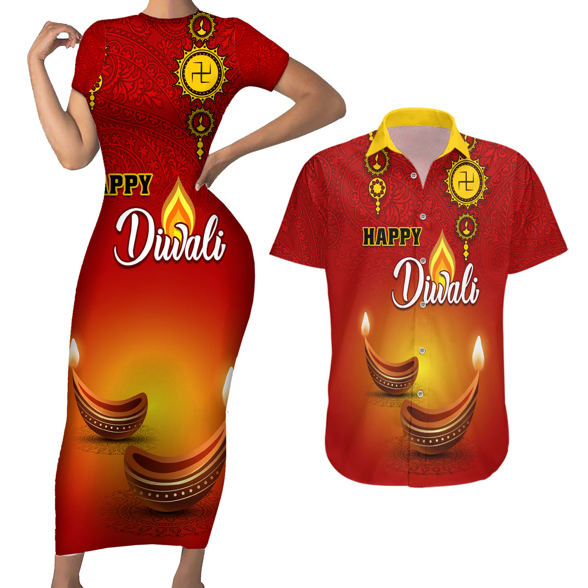 Personalised Diwali Festival Couples Matching Short Sleeve Bodycon Dress and Hawaiian Shirt Diya With Paisley Pattern - Wonder Print Shop
