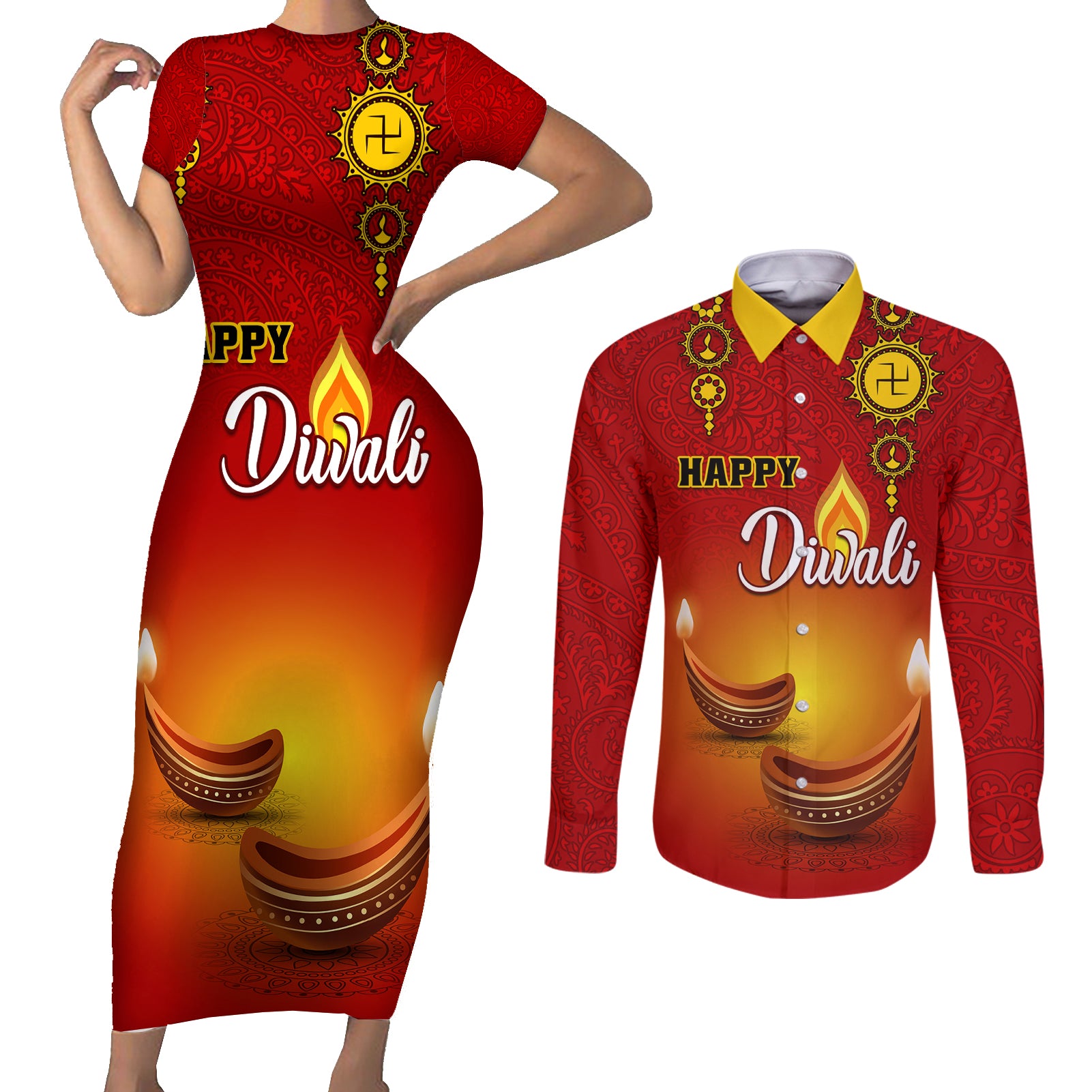 Personalised Diwali Festival Couples Matching Short Sleeve Bodycon Dress and Long Sleeve Button Shirt Diya With Paisley Pattern - Wonder Print Shop