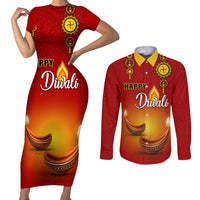 Personalised Diwali Festival Couples Matching Short Sleeve Bodycon Dress and Long Sleeve Button Shirt Diya With Paisley Pattern - Wonder Print Shop