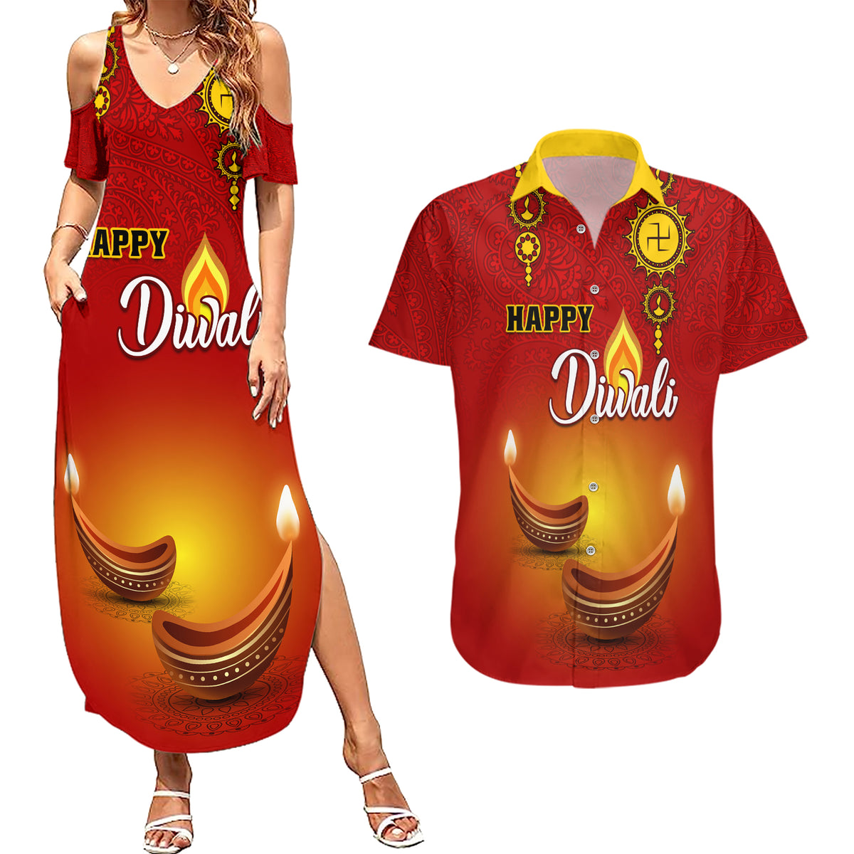 Personalised Diwali Festival Couples Matching Summer Maxi Dress and Hawaiian Shirt Diya With Paisley Pattern - Wonder Print Shop