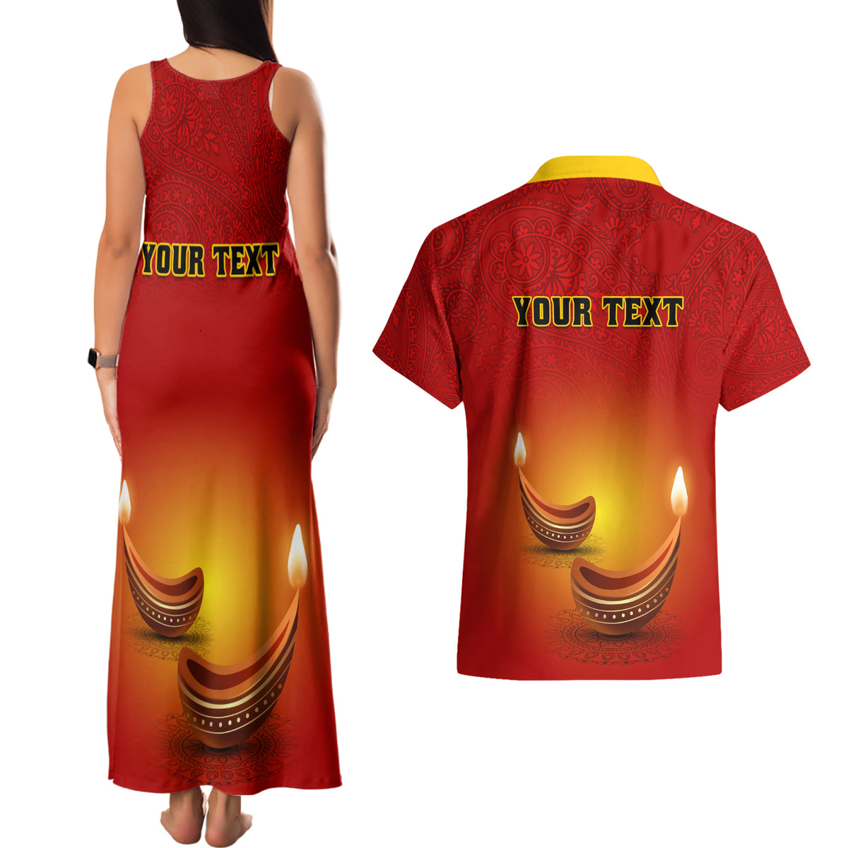 Personalised Diwali Festival Couples Matching Tank Maxi Dress and Hawaiian Shirt Diya With Paisley Pattern - Wonder Print Shop